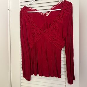 Red Long Sleeved Lace trimmed blouse